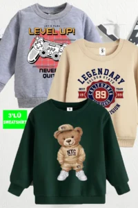 twins tailors Teddybear and Game Console Printed 3-Pack Unisex Crew Neck Beige-Grey-Green Kids Sweatshirt