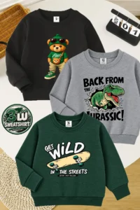 twins tailors Skateboard And Bear Printed 3-Pack Unisex Black-Grey-Green Kids Sweatshirt